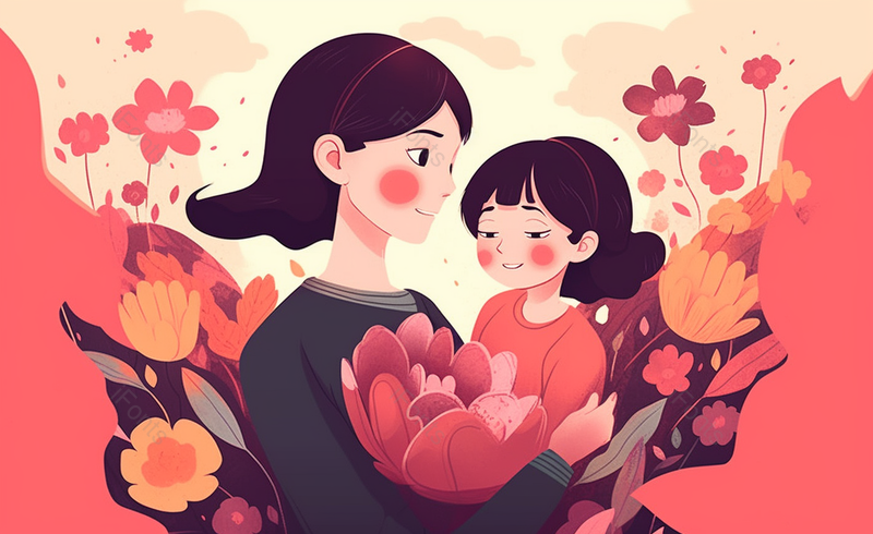 花丛母女母亲节温馨手绘场景,插画/手绘图,插画/手绘图库,插画/手绘图下载,插画/手绘